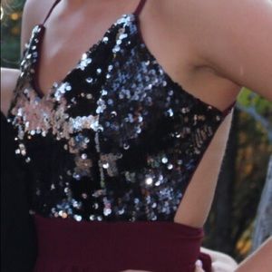 Burgundy with smoky black sequin cocktail dress